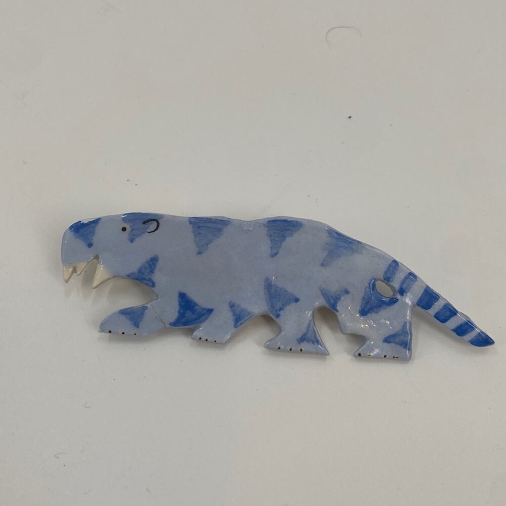Vintage Blue Ceramic sabertooth tiger brooch